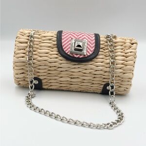 Stylish Tan and Pink Woven Bag with Chain Strap